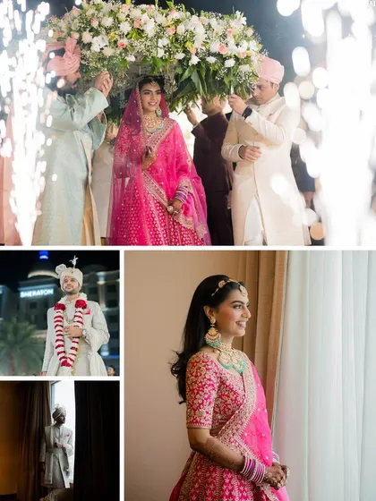A collage of beautiful moments from a wedding day. From the bride's grand entrance under a phoolon ki chadar to her getting ready, it tells the story of her special day.
