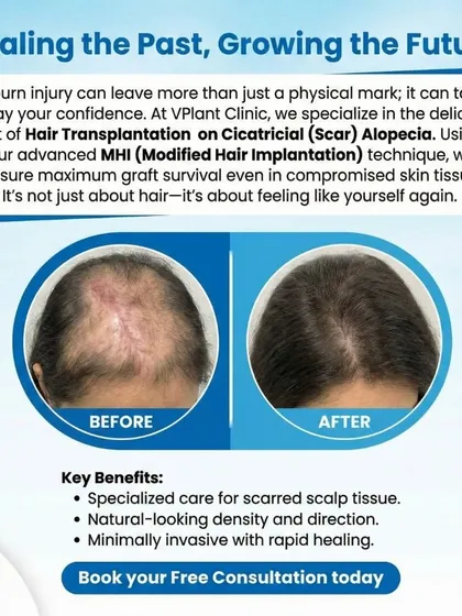 We specialize in complex cases, including hair transplantation on scar tissue (Cicatricial Alopecia). This before-and-after result shows how our advanced MHI technique can successfully restore hair even on skin compromised by a burn injury, helping clients feel whole again.