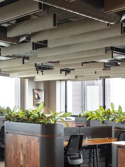 We used biophilic elements throughout the Primarc office to enhance employee well-being. Workstations are separated by planters filled with greenery, which improve air quality and act as natural, calming partitions.
