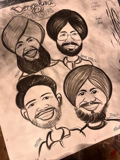 The "Bengaluru Monsters." This group caricature of four friends in turbans shows how I can capture cultural details and group identity.