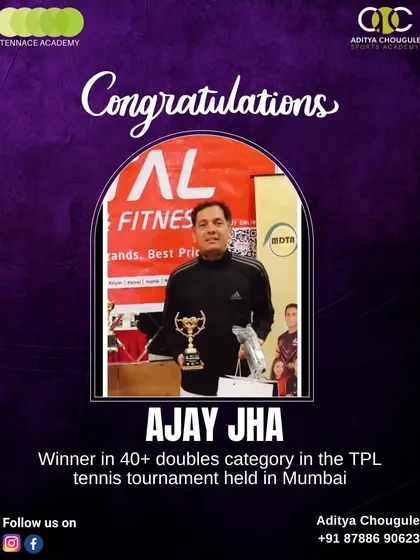 Cheers to Ajay Jha, winner in the 40+ doubles category at the TPL Tennis Tournament in Mumbai. Our coaching extends to adult players who are passionate about the game.