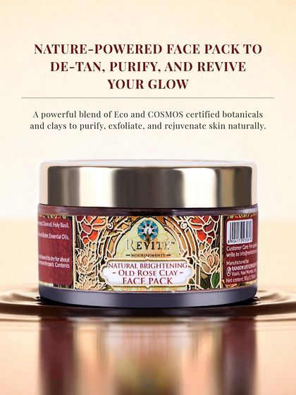 This is a nature-powered face pack designed to de-tan, purify, and revive your glow. It's a powerful blend of Eco and COSMOS certified botanicals and clays to rejuvenate your skin naturally.