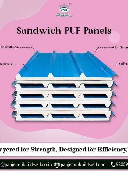 A stack of our blue sandwich PUF panels, layered for strength and designed for efficiency. These panels are ideal for commercial buildings, offering fire resistance, sound insulation, and cost-effectiveness.