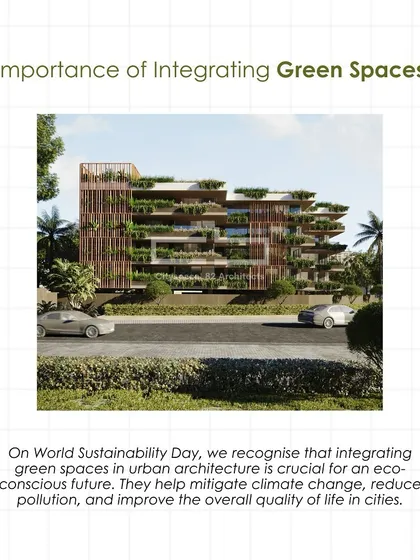 This image explains the importance of integrating green spaces in urban architecture to mitigate climate change and reduce pollution. The building shown features extensive greenery on every level.