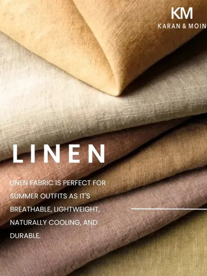 A close-up of our linen collection. I choose linen for its breathability, lightweight feel, and natural cooling properties, making it perfect for crafting elegant summer outfits.