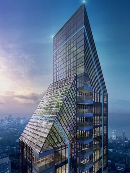 This is our design for Lodha Altamount, a 40-floor luxury residential tower in South Bombay. The building's sharp, crystalline form and glass facade are designed to be an iconic statement of elegance and simplicity on the city's skyline.