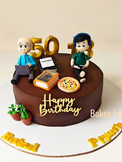 A special cake celebrating a father's 50th and a son's 18th birthday together. The design includes personalized fondant figures representing their individual hobbies, like reading, pizza, and audiobooks.