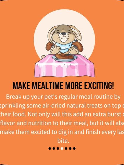 Make mealtime more exciting by sprinkling some of our air-dried treats on top of your pet's food. It adds a burst of flavor and nutrition to their regular routine.