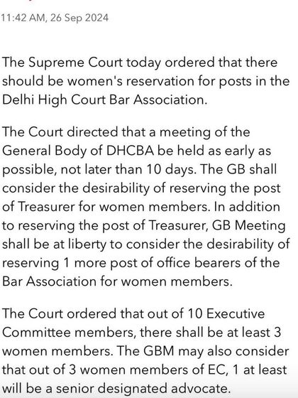 More details on the Supreme Court order, specifying that at least 3 out of 10 Executive Committee members shall be women. A proud moment for all lady lawyers.