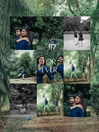 A "Forever" themed collage showcasing a variety of candid and posed shots in a beautiful green park, some in black and white for a timeless feel.