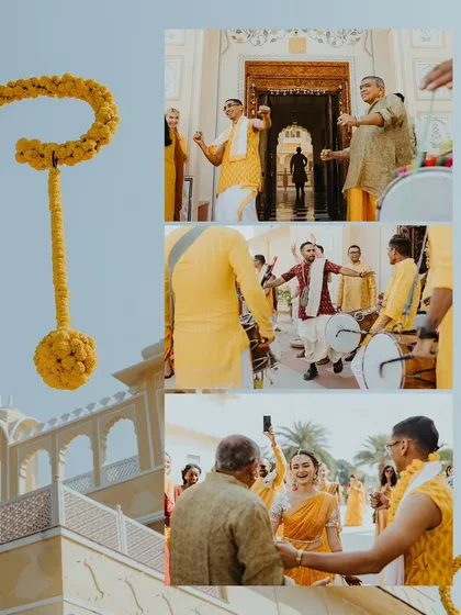 A collage capturing the festive atmosphere of a destination Haldi in Jaipur, with guests dancing and celebrating.
