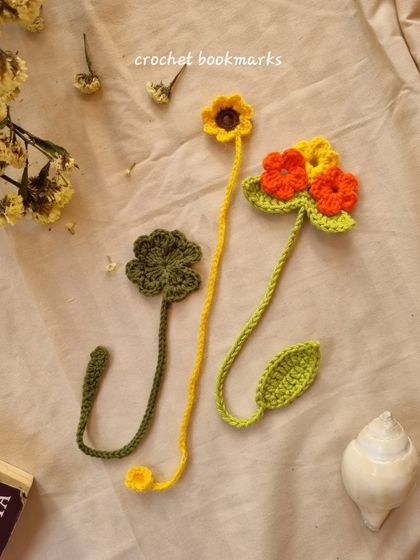 An assortment of our cutest and most affordable crochet bookmarks. We have clovers, sunflowers, and flower bouquets to choose from.