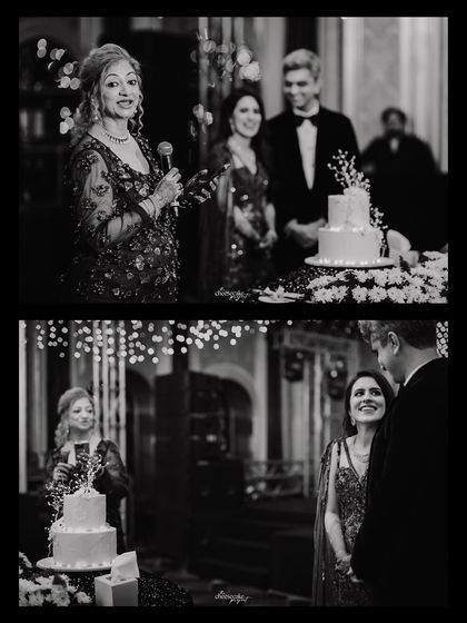 A collage showing the mother of the groom giving a speech and the couple's loving reaction.