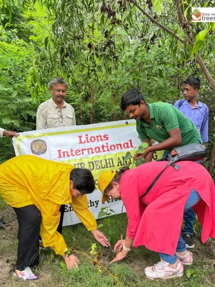 Lions Club volunteers work together to plant a sapling, holding up their banner. We are proud to partner with service organizations that share our commitment to community and environmental well-being.