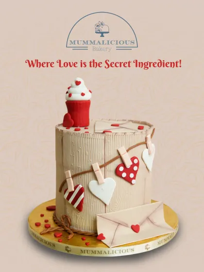 Where love is the secret ingredient. This Valentine's cake with a wood-grain texture and a clothesline of hearts is a rustic and romantic way to show your love.