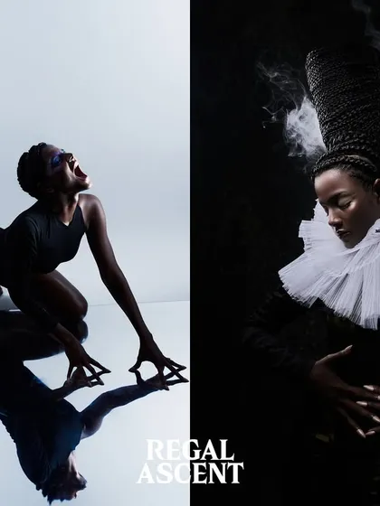 'Regal Ascent' diptych, contrasting a raw, primal pose on a reflective surface with a composed, elegant portrait featuring a custom hairpiece.