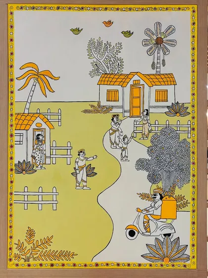 I was so thrilled to create this large canvas for Amazon's new office in Hyderabad. This piece tells a story of community and connection, blending traditional Indian art styles with a modern narrative. It shows how I can adapt my art to fit a corporate theme while keeping its unique soul.