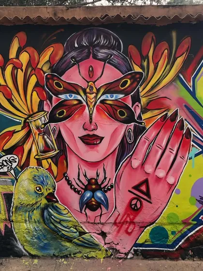 A close-up of a figurative mural, blending portraiture with natural elements like the butterfly mask and surrounding flowers. This style is perfect for private commissions or commercial spaces that need a piece with a strong artistic narrative and visual impact.