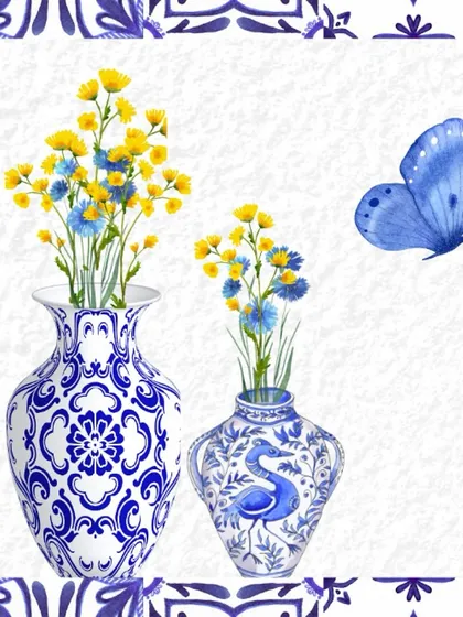 An illustration showcasing the Blue Pottery theme for a Haldi, combining traditional motifs with a fresh color palette.