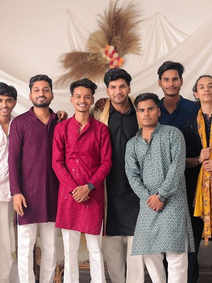 A group shot of some of the talented men on our team, dressed in colorful kurtas for our Diwali celebration. Their smiles reflect the positive energy we bring to every shoot.