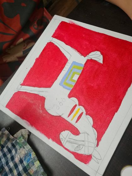 The work-in-progress of a Jamini Roy style painting, showing the initial color blocking.