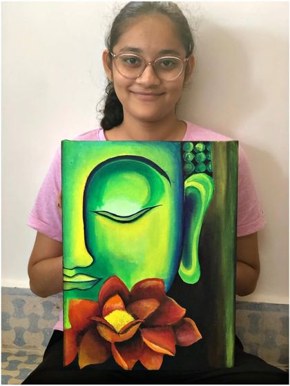 A student with her beautiful canvas painting of a green Buddha with a lotus flower. Her work shows a great understanding of colour harmony and composition.