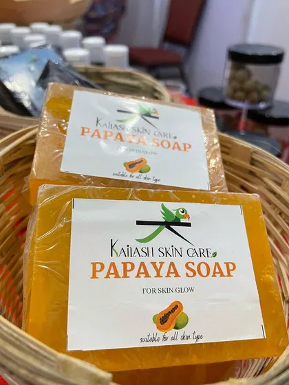 My Papaya soap gives an instant brightening effect. Here are a few bars nestled in a basket at one of my offline stalls.