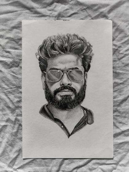 Here’s the same commissioned pencil portrait presented on a textured fabric background. This hyper-realistic drawing makes for a timeless and personal piece of art.