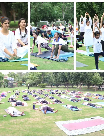 A collage showing the different aspects of our outdoor yoga event. From active asanas to collective relaxation in Savasana, we practice together under the open sky.