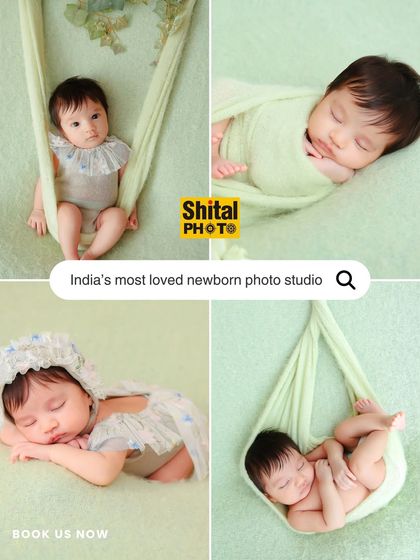 A collage that highlights why we are India's most loved newborn photo studio. It shows a range of poses, from awake and sitting to peacefully sleeping, all in a soft, cohesive color palette.