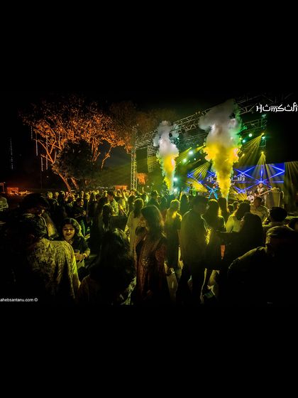 The audience dancing under the stars at an outdoor festival. The combination of nature and our music creates a truly unique and magical atmosphere.