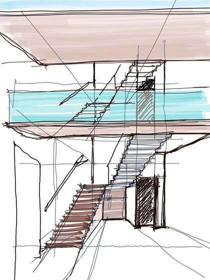 A quick interior sketch exploring staircase designs. Sketching allows me to rapidly test ideas for key architectural features, figuring out how they will feel and function within the space.