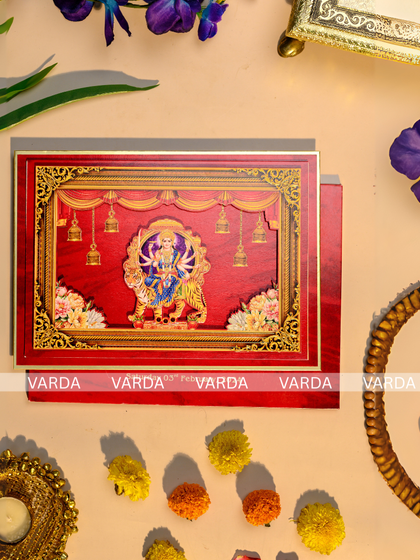 Announce a Mata Ka Jagran or a Durga-themed wedding with this divine invitation. The card features a rich red frame and a detailed 3D depiction of Goddess Durga, creating a powerful and sacred announcement for your spiritual gathering.