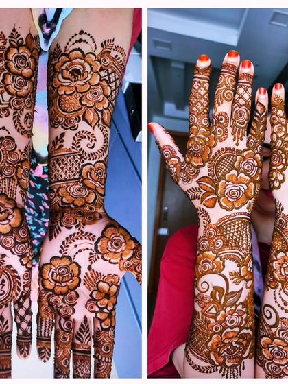 A side-by-side comparison of two different party henna styles, both featuring my signature floral work.