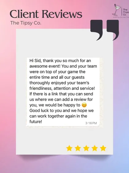 A client thanking us for an "awesome event" and praising our team's friendliness, attention, and service. We are always happy to hear that our guests thoroughly enjoyed their experience.