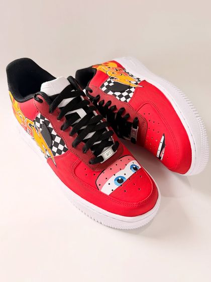 A top-down view of the "Cars" couple sneakers. I love creating matching pairs that have their own individual character but look great together.