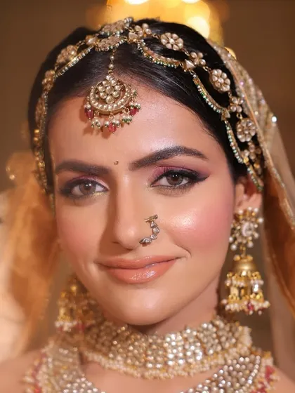 A close-up on the bride's radiant face, showing the intricate details of her maang tikka and nath.