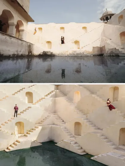 A wide-angle collage of the Jaipur stepwell, showing the scale and architectural beauty of the location, with the couple creating beautiful shapes within the frame.