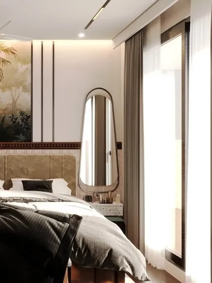 A contemporary parent's room from the Bestech Altura project, featuring a unique headboard with inset tropical artwork and a full-length mirror.