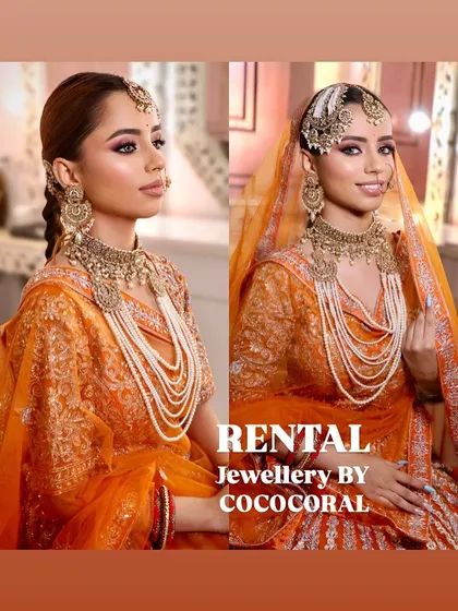 A perfect example of a Pakistani-inspired bridal look from my rental collection. This set features a traditional jhumar, choker, and a multi-layered pearl necklace, ideal for a Nikah ceremony or reception.