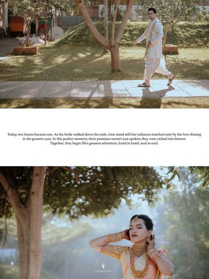 A creative layout showing the groom walking and the bride in a serene pose, with a poetic quote about two hearts becoming one.