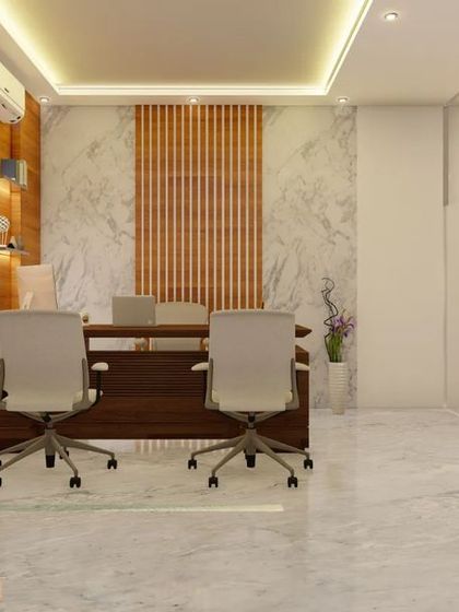 A full view of the manager's office, including the frosted glass wall that provides privacy while allowing light to pass through.