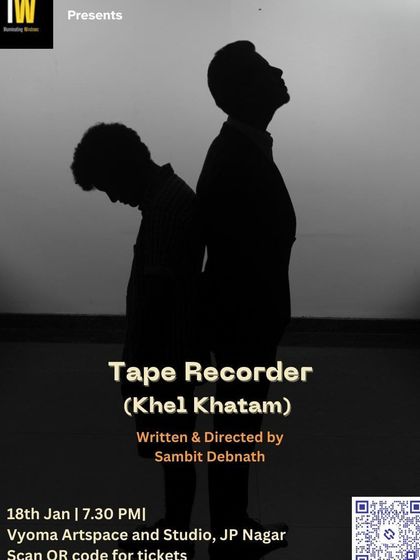 The poster for "Tape Recorder - Khel Khatam," a play about a film star struggling with a stutter, highlighting the dramatic potential of our space.