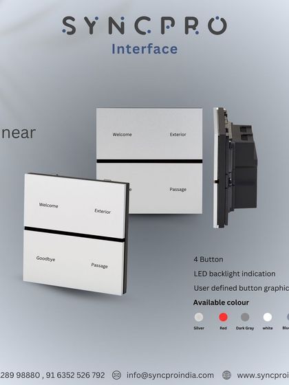 The Linear series keypad offers a clean, minimalist aesthetic. This 4-button version comes with LED backlight indication and allows for user-defined text like 'Welcome' and 'Exterior' for intuitive control.