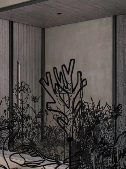 Another detail shot of the Kalrav Seasons railing, highlighting the clean lines and intricate cuts of the metalwork that bring the story of nature indoors.