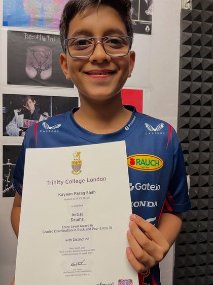 A huge congratulations to Kayaan for achieving a Distinction in his Initial Drums exam from Trinity College London. His hard work has paid off.