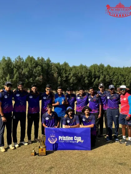 The squad posing with the runners-up banner and trophy at the Pristine Cup.