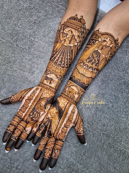 Another angle of the heavy bridal design, showcasing the beautiful flow of the patterns from the palms to the forearms.