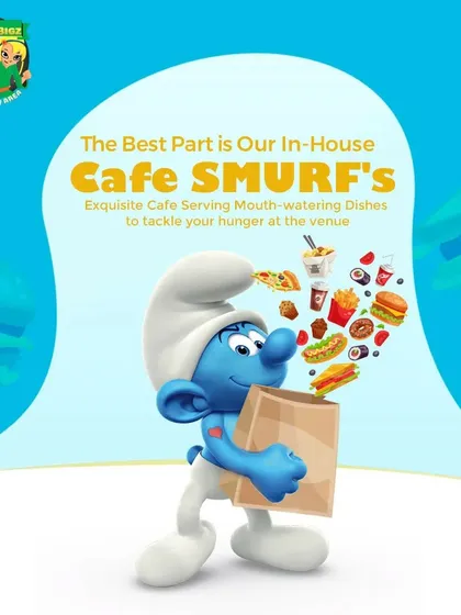 This graphic highlights Cafe Smurf as one of the key reasons to visit, serving mouth-watering dishes for the whole family.