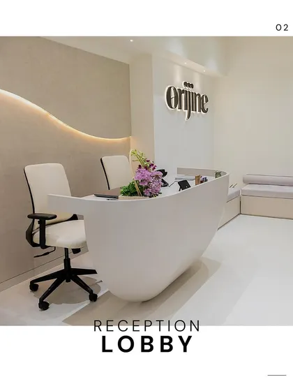Your welcome begins here, in our reception lobby. The clean lines, soft lighting, and comfortable seating are all designed to immediately put you at ease as you begin your Orijine experience.